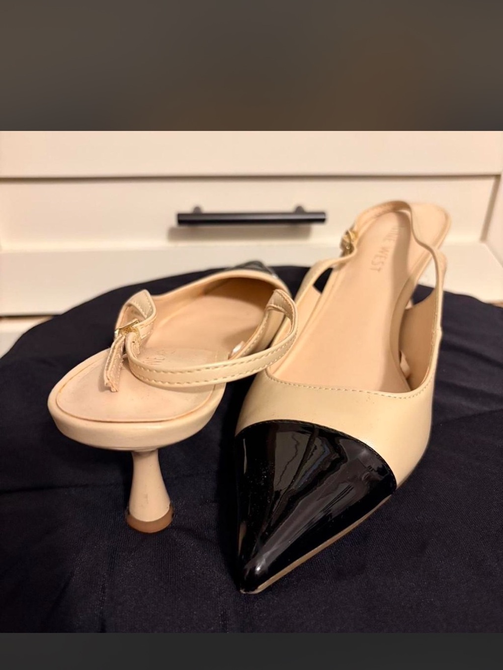Nine West Beige Slingback Pumps with Black Patent Pointed Toe